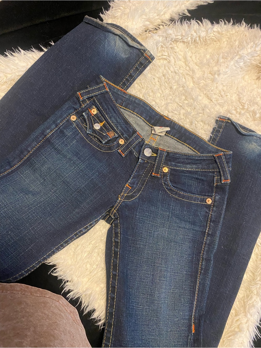 True Religion Dark Blue Boot Cut Jeans with Orange Stitching